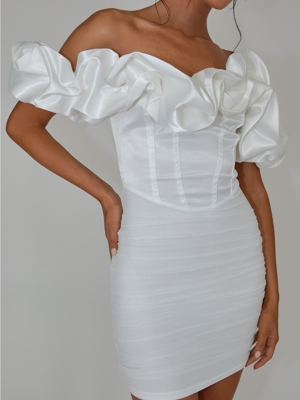 Selfie Leslie Arista Off-Shoulder Ruched Mini Dress Off White Bridal Satin